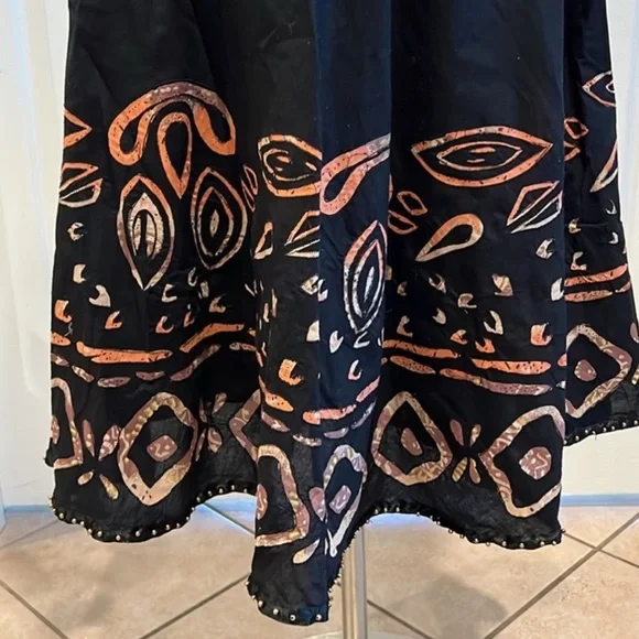 Women Vtg West End A line Cotton Southwestern Black Batik Beaded Hem Midi Skirt - Picture 3 of 11